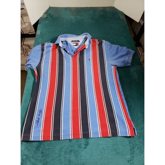 Tommy Hilfiger Polo Shirt Mens Large Blue Red Striped Short Sleeve Vintage Retro - Picture 1 of 7